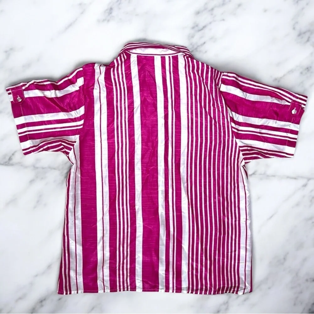 Vintage 80s Pink White Striped Button Up Blouse Women’s Size 12 Retro